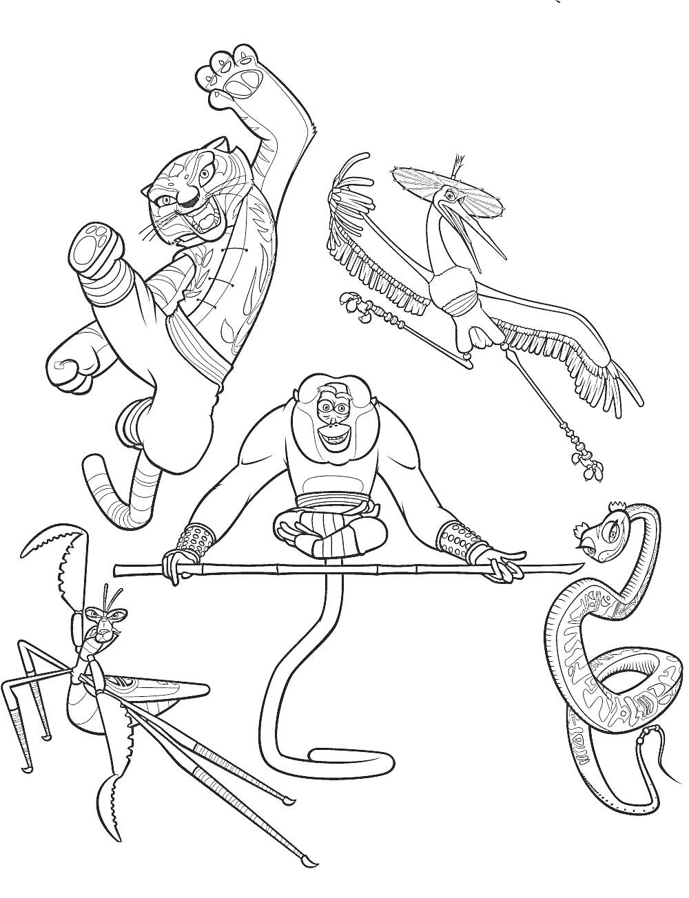Раскраска Боевая команда животных: тигр, журавль, богомол, обезьяна, змея