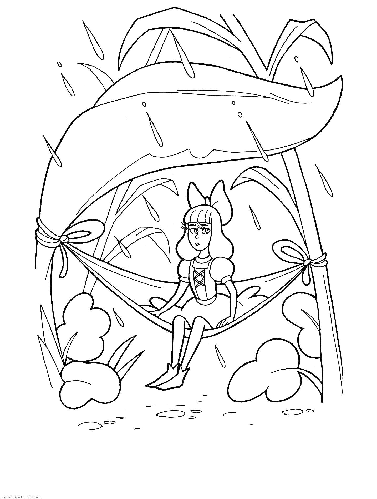 Раскраска Дюймовочка сидит на качелях из листа под дождём