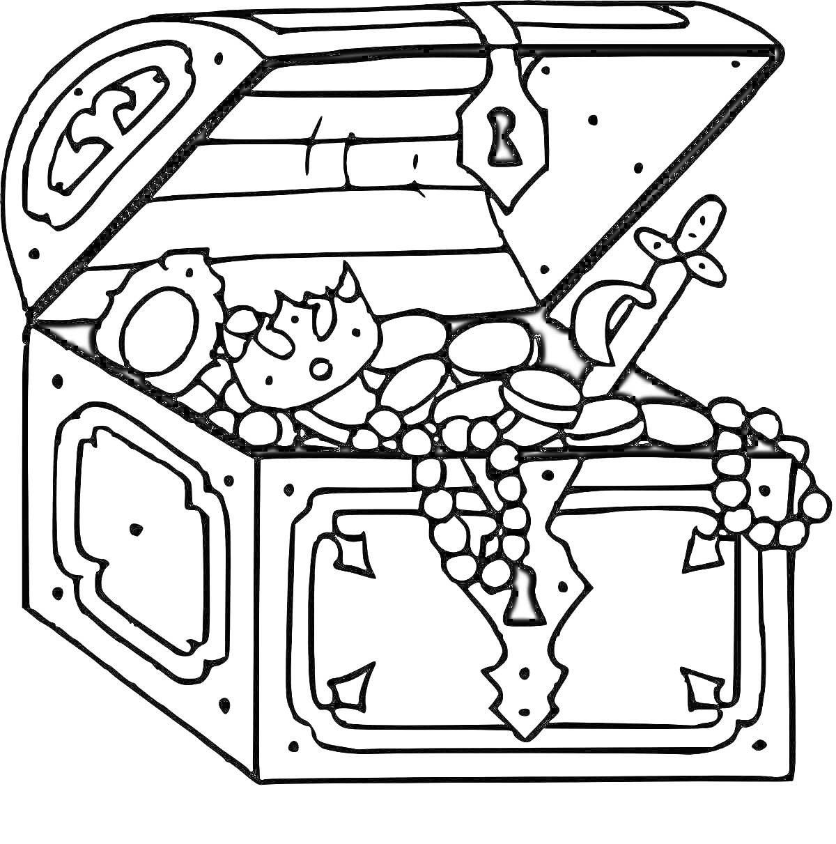 Раскраска Шкатулка с сокровищами, включающая корону, меч, монеты и жемчужные ожерелья