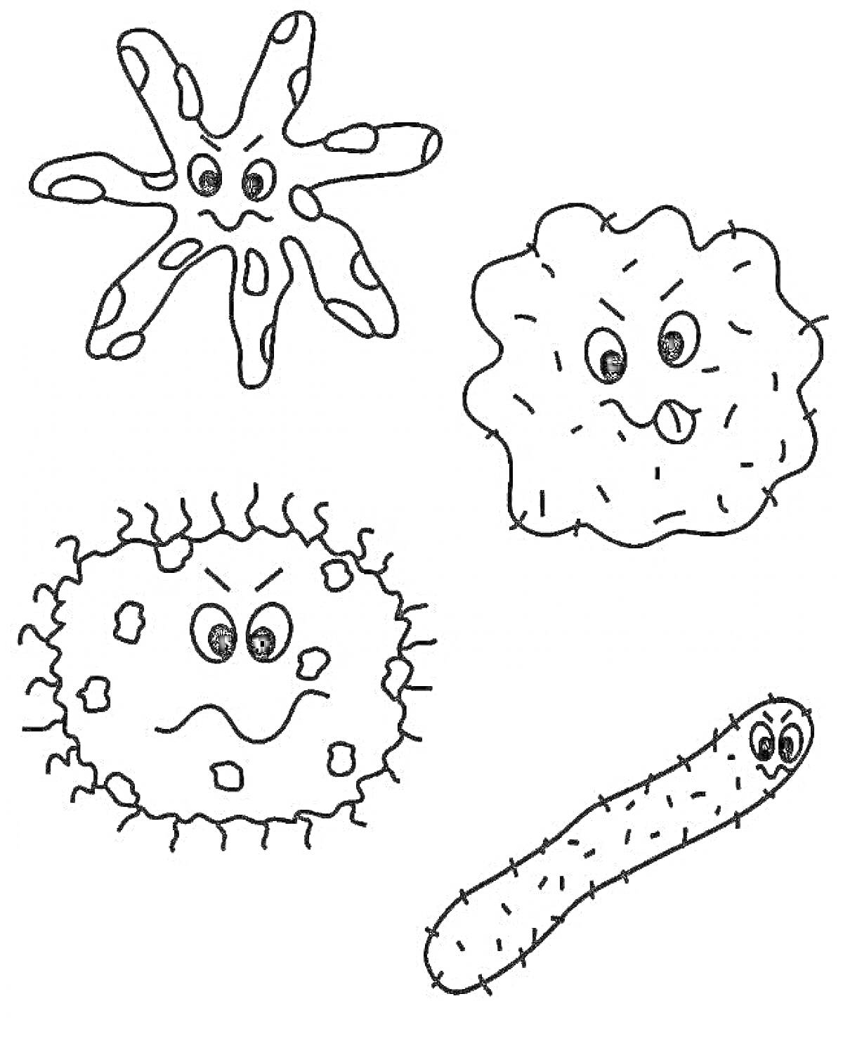 Раскраска Бактерии с лицами (звездообразная бактерия, округлая бактерия, овальная бактерия с волосками, удлинённая бактерия с волосками)