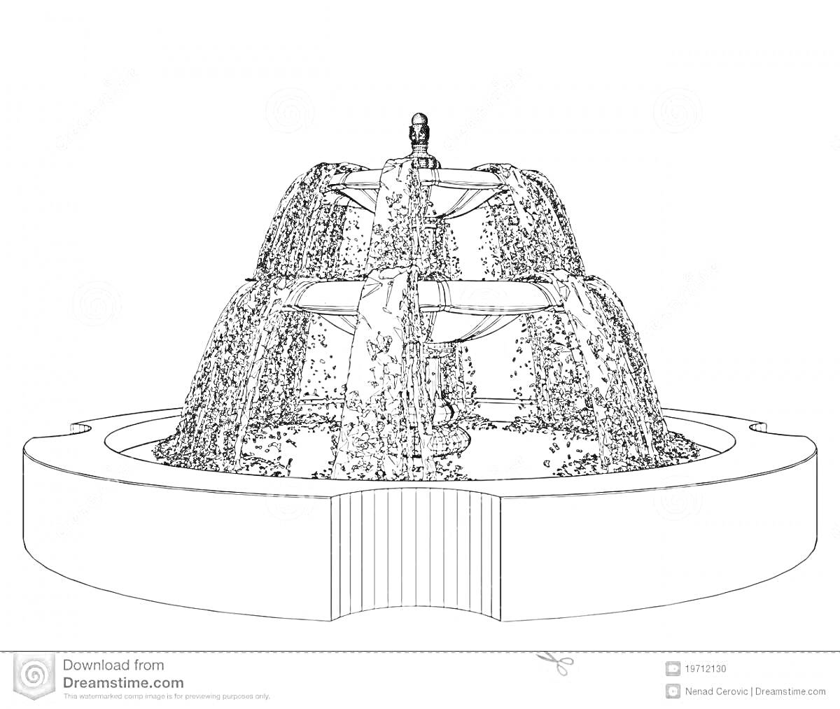 Раскраска Фонтан с тремя уровнями и статуей на вершине