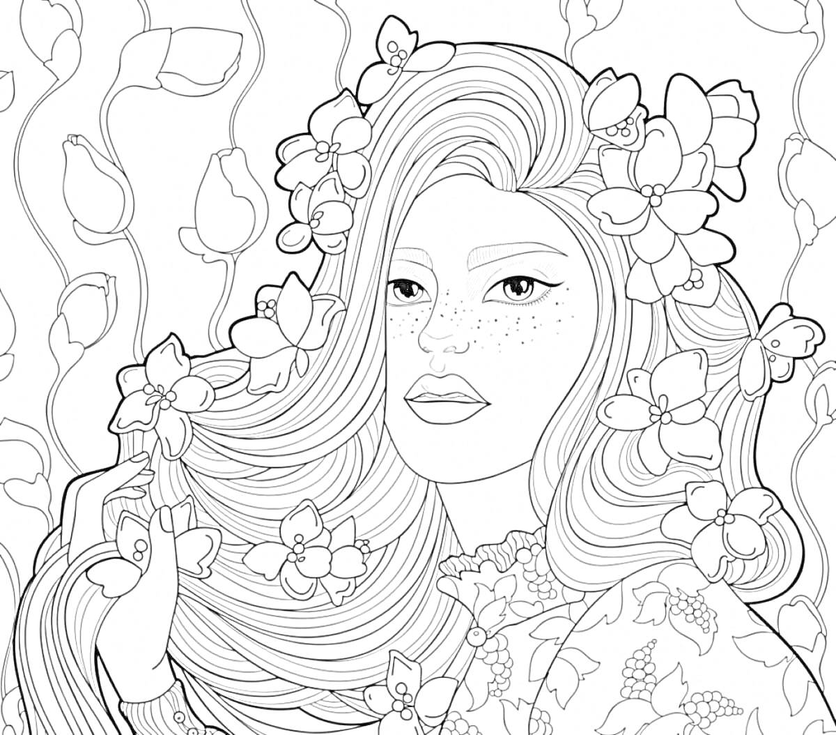 Раскраска Девушка с цветами в волосах на фоне букетов