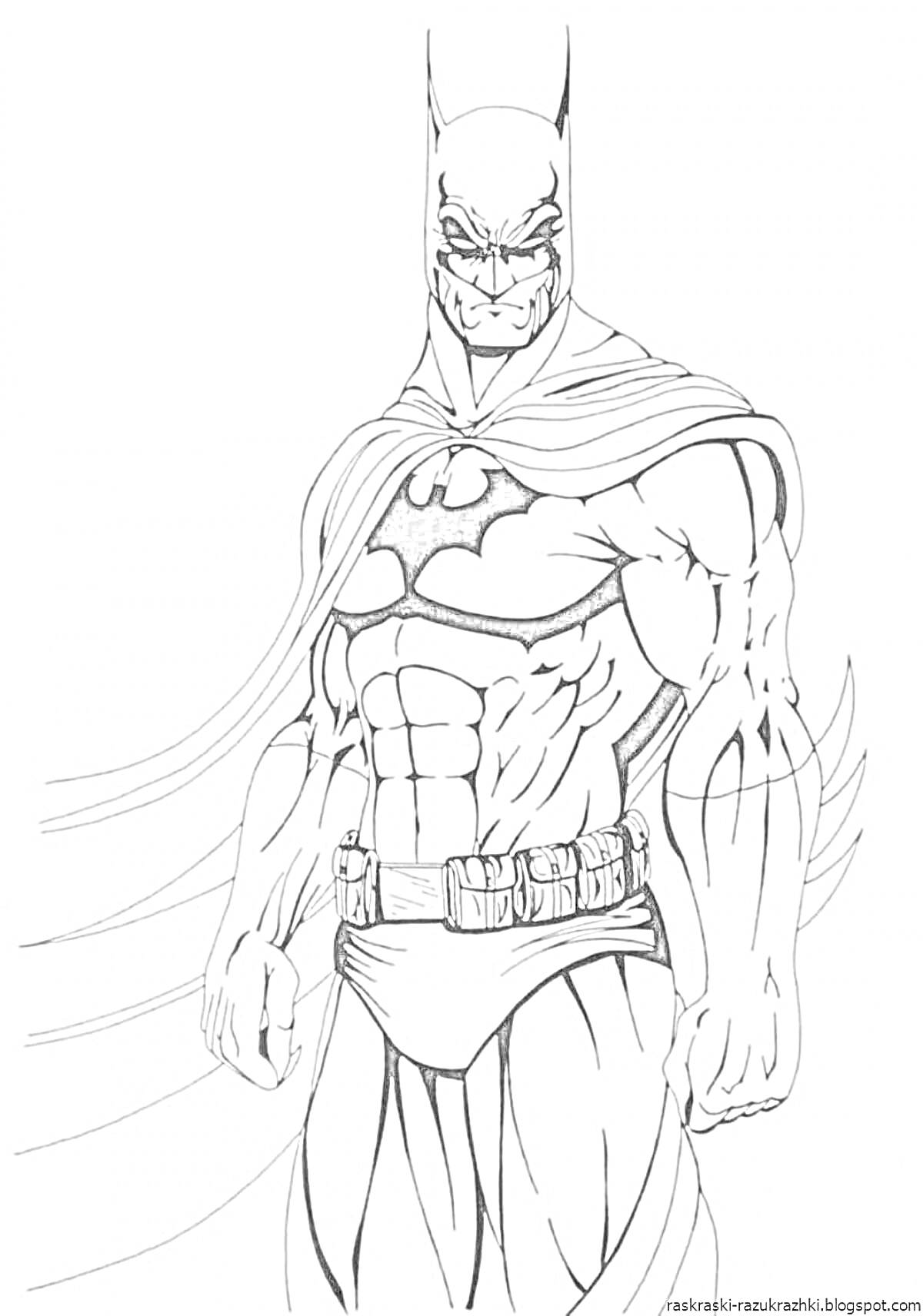 РаскраскаБэтмен в плаще и маске с поясом и символом на груди