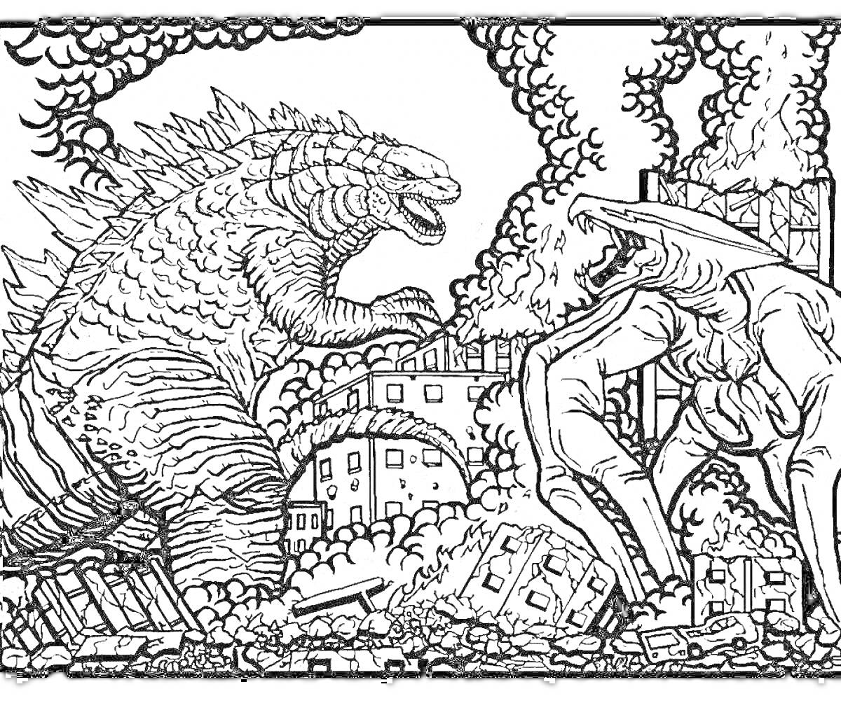 Раскраска Годзилла сражается с чудовищем на фоне разрушенного города