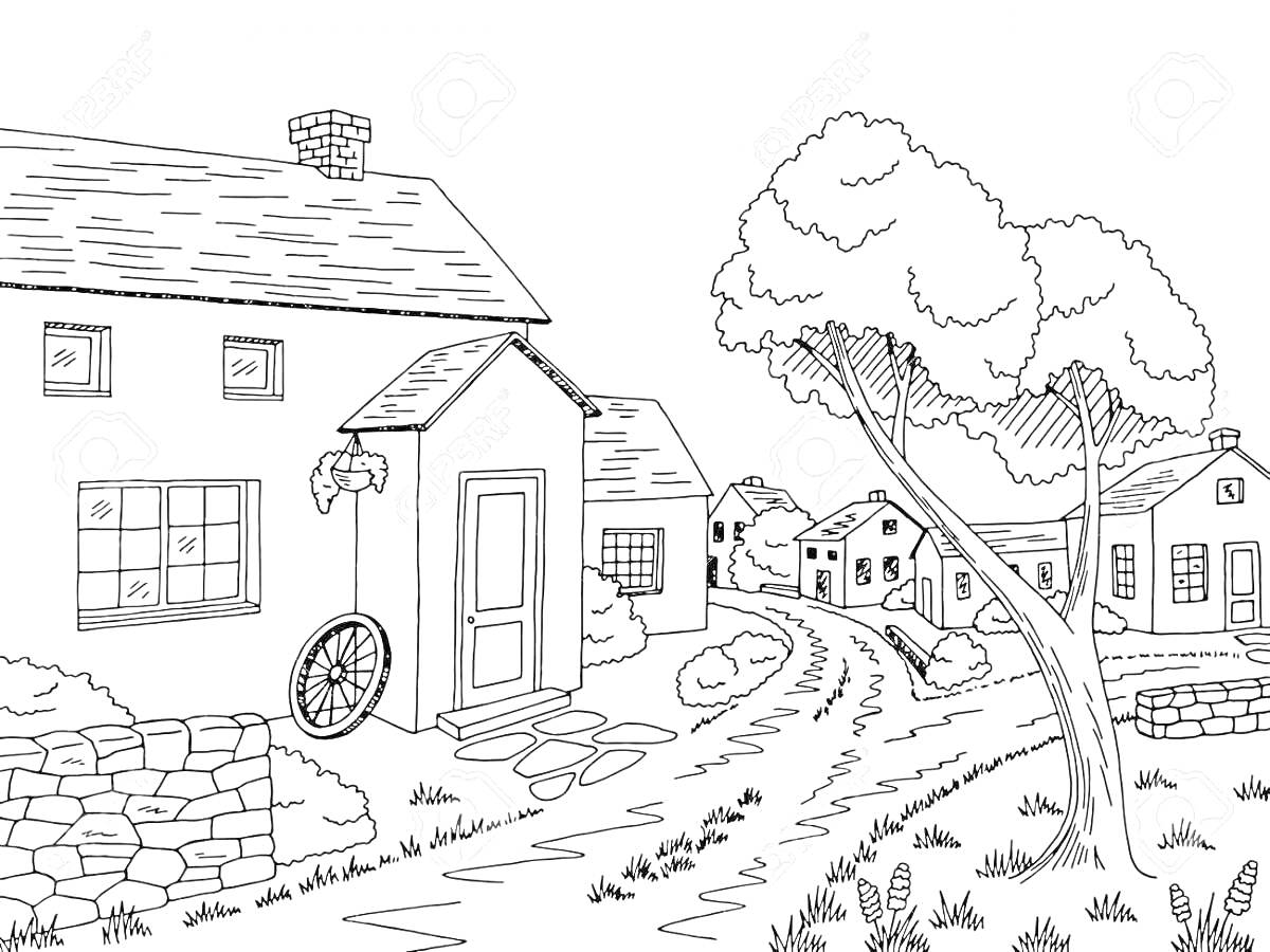 На раскраске изображено: Деревня, Каменная стена, Природа, Кусты, Трава, Крыша, Окна, Дверь, Пейзаж