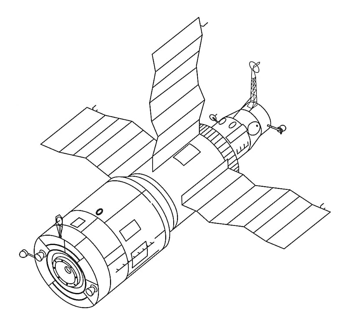Раскраска Спутник с солнечными панелями и антеннами
