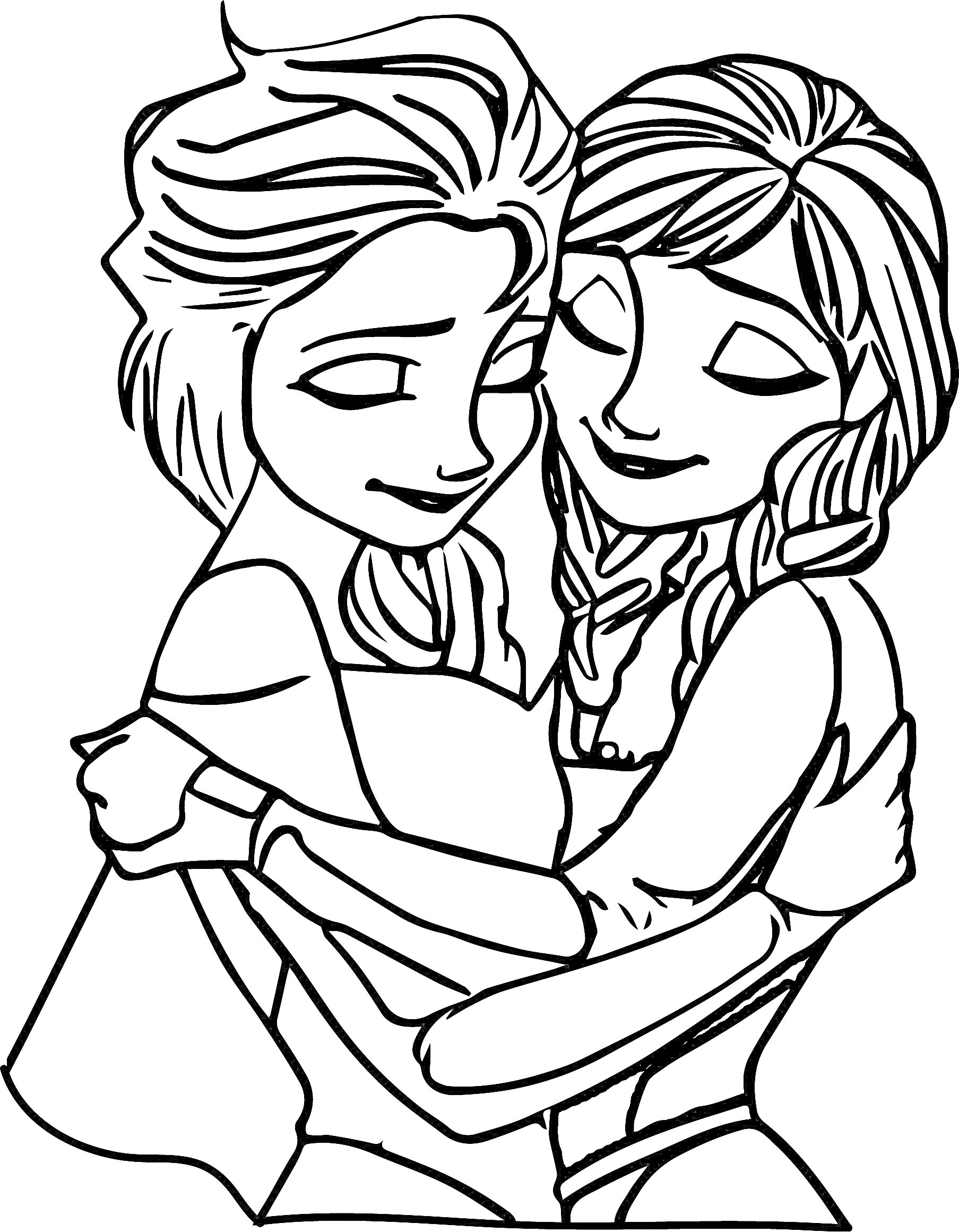 Раскраска Две обнимающиеся сестры с длинными волосами и косами