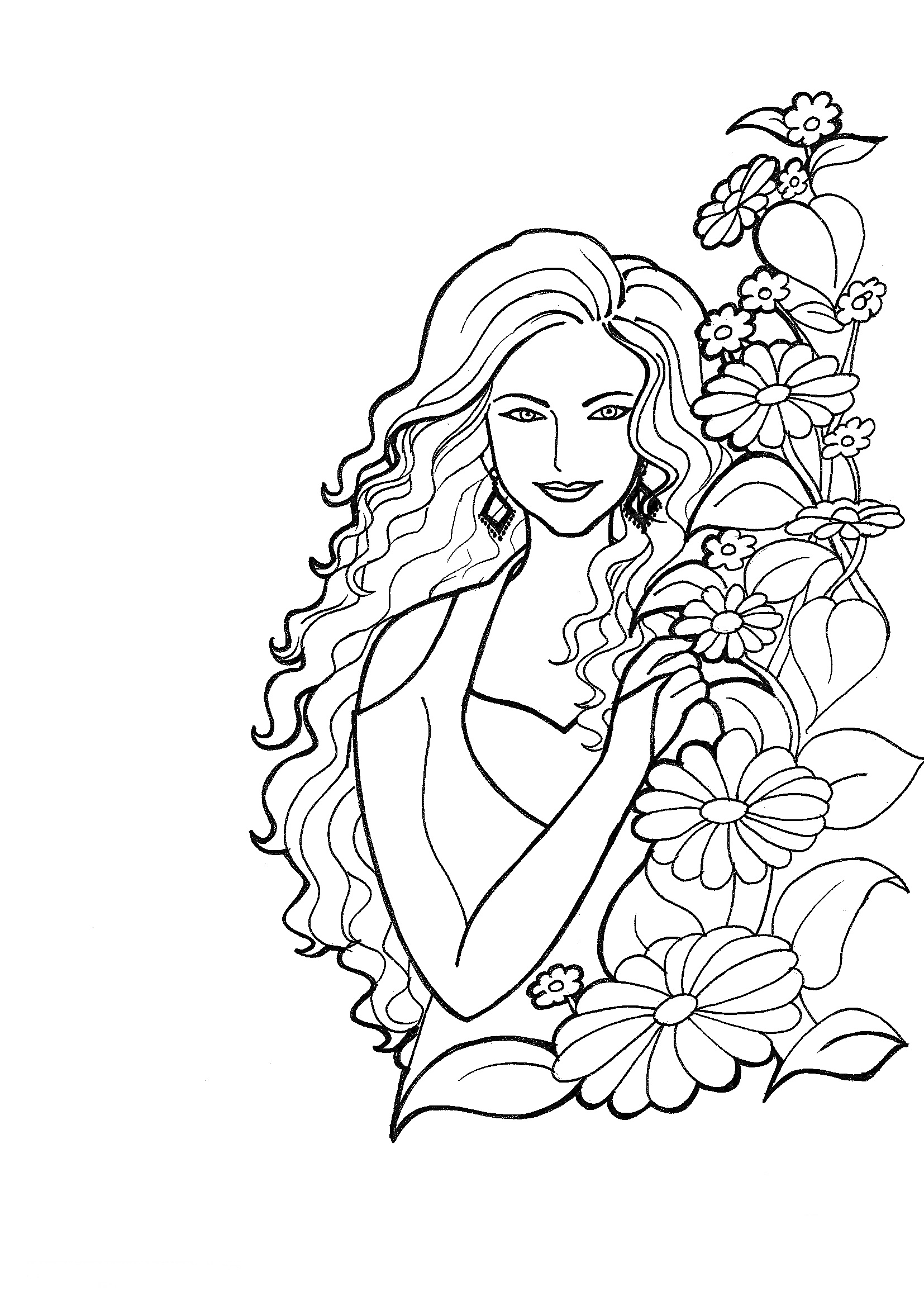 На раскраске изображено: Женщина, Длинные волосы, Лицо, Улыбка, Цветы, Природа, Расслабление, Красивые