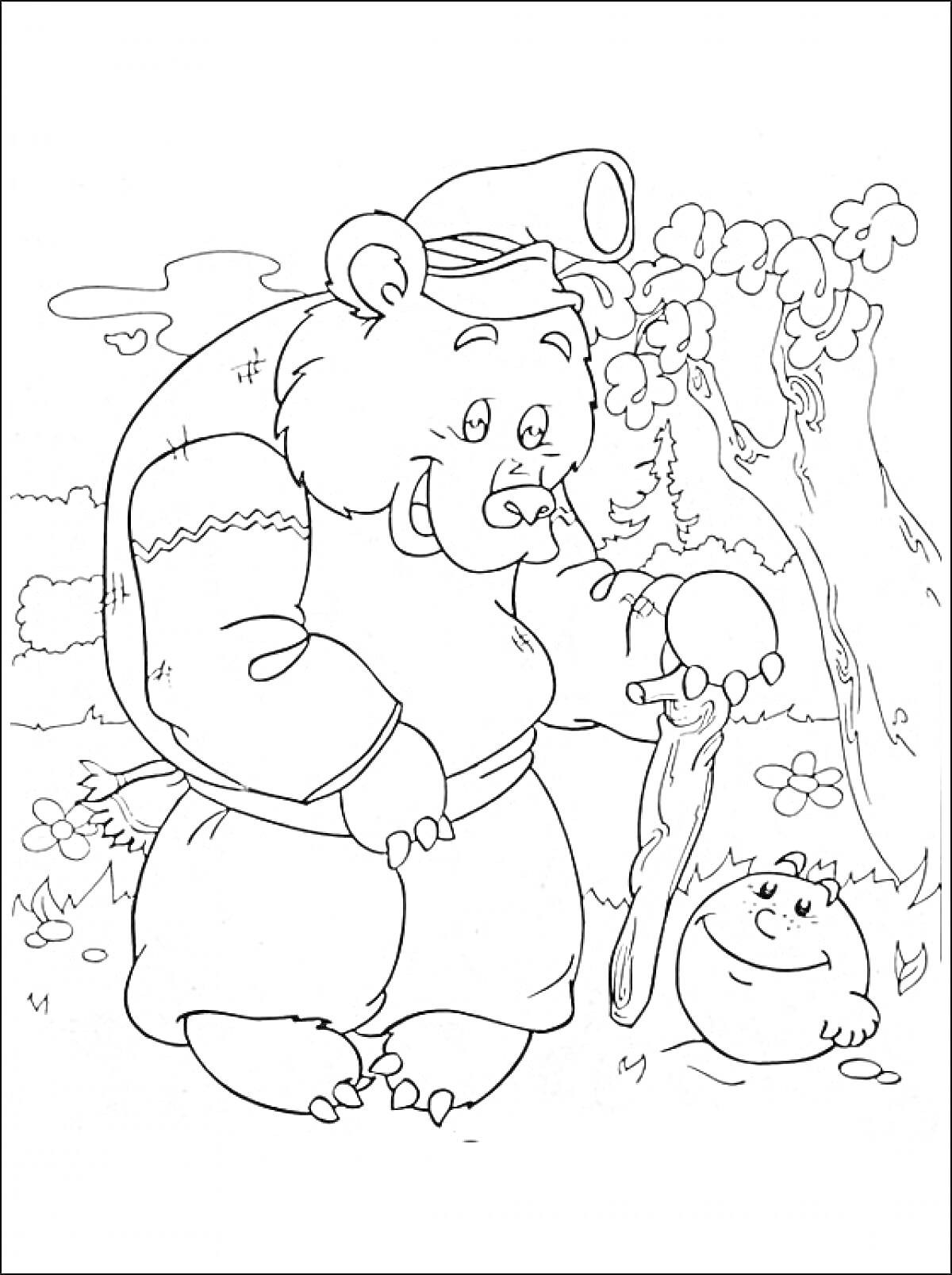 Раскраска Медведь с посохом и Колобок на луговой полянке, деревья и кустарники на заднем плане