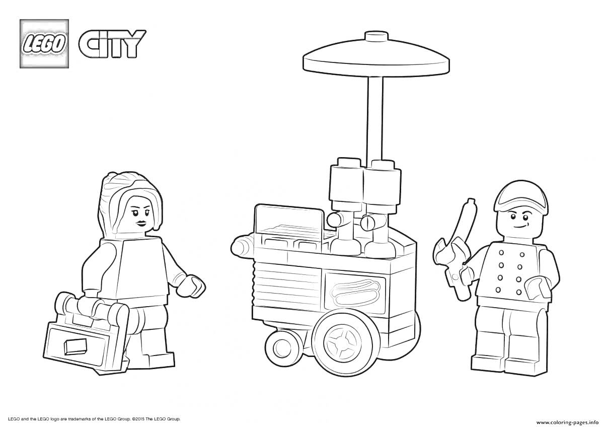 Раскраска Леголенд - два человечка, тележка с зонтиком.