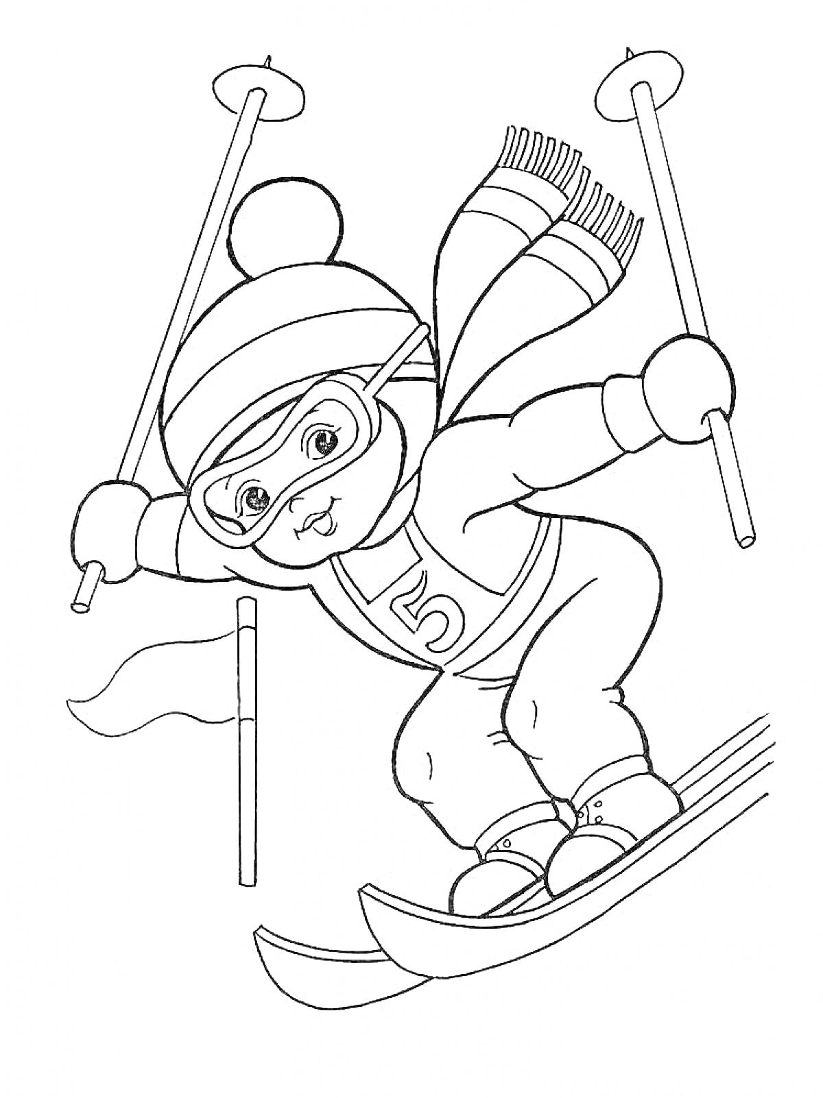 Ребенок на лыжах в шапке и шарфе с лыжными палками и номеровым значком