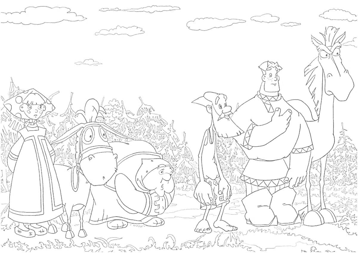 Раскраска Три богатыря с персонажами на фоне леса и облаков, включая коня, ослика и женщину в традиционной одежде