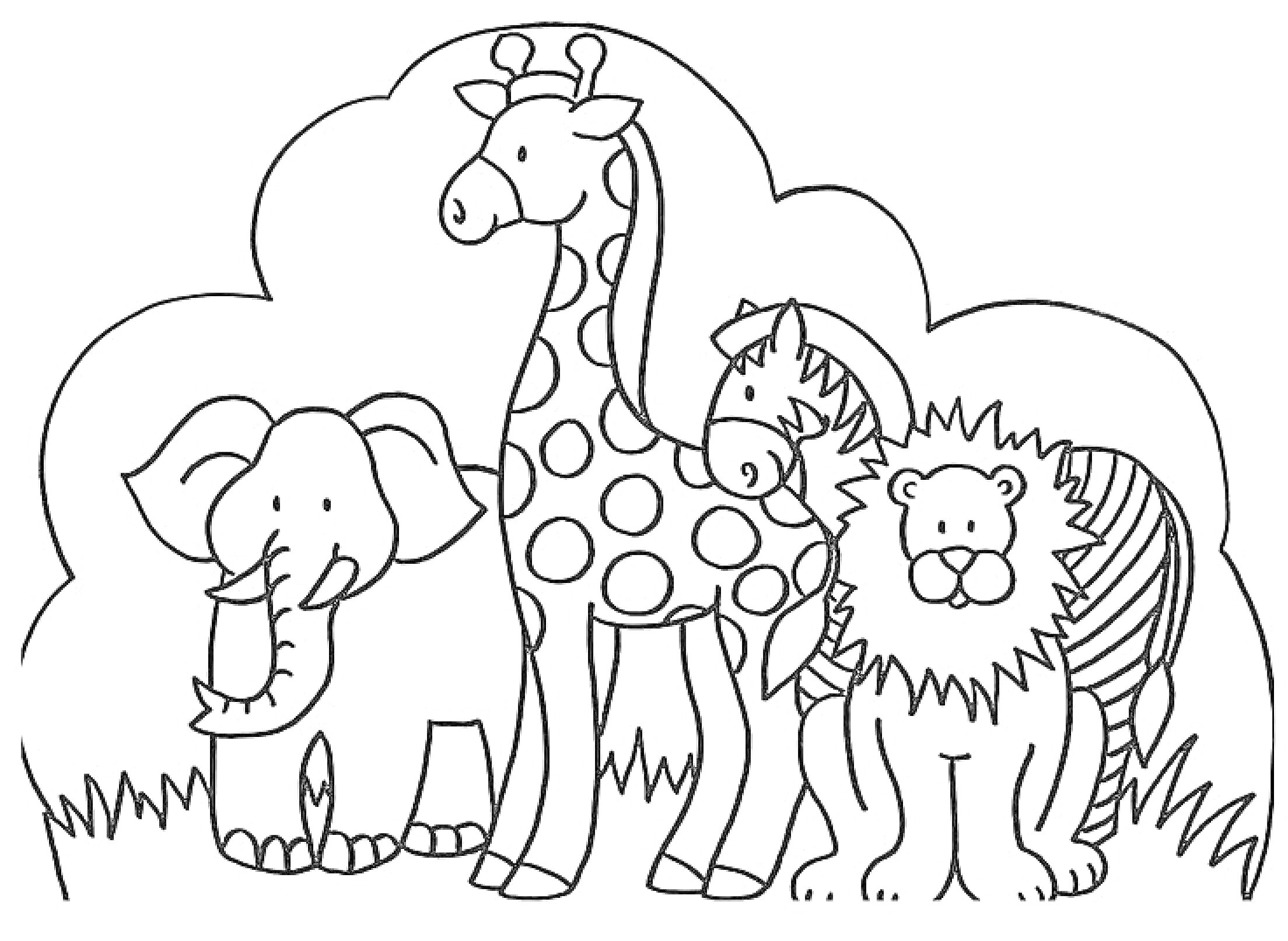 Раскраска Слон, жираф, зебра и лев на фоне деревьев в зоопарке