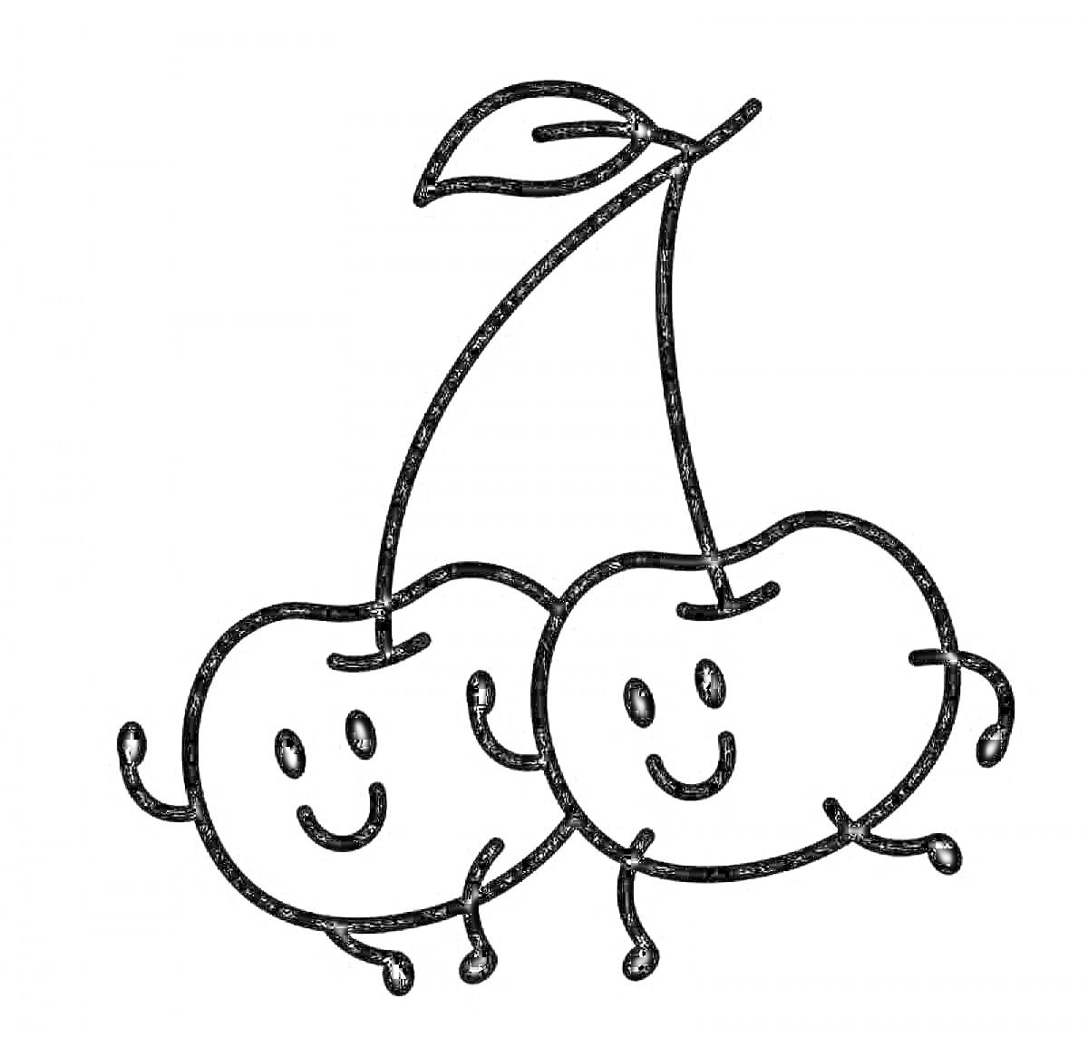 Раскраска Вишня с улыбающимися лицами и руками, соединенная стеблем с одним листиком