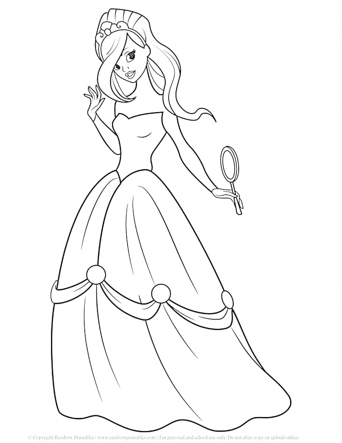 На раскраске изображено: Принцесса, Платье, Диадема, Зеркало, Длинные волосы