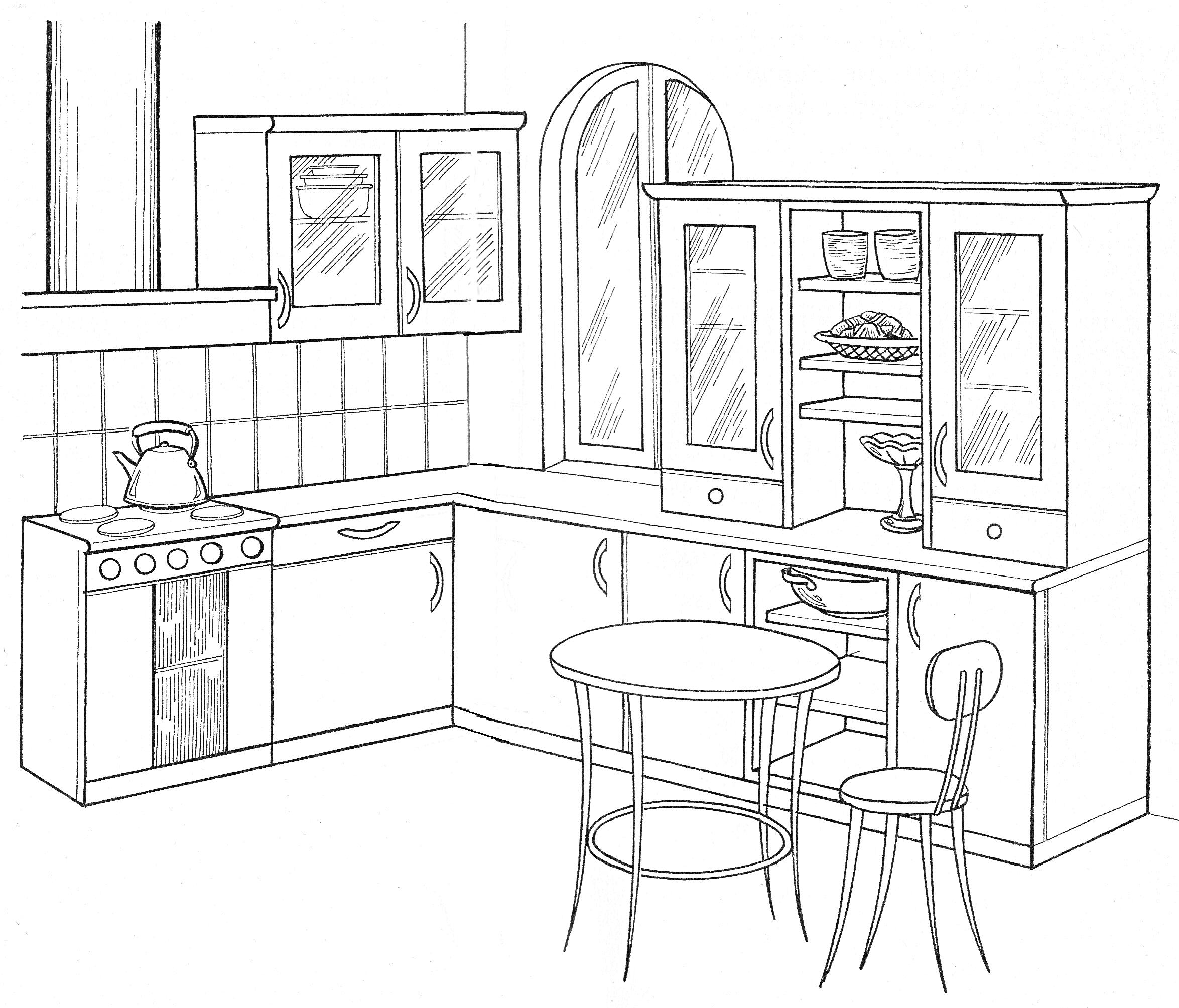 Раскраска Кухня с газовой плитой, чайником, навесными шкафами, кухонным столом, стулом, шкафом с посудой, тарелками, бокалами и окном