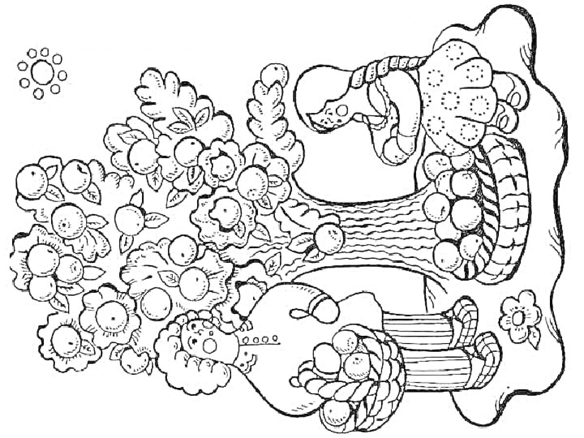 Раскраска Яблоневое дерево, мужчина с косой и фруктовым деревом, корзинка с яблоками под деревом
