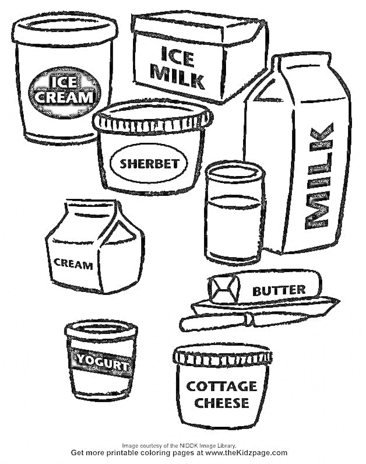 На раскраске изображено: Молочные продукты, Мороженое, Молоко, Сливки, Масло, Йогурт, Творог, Еда, Для детей
