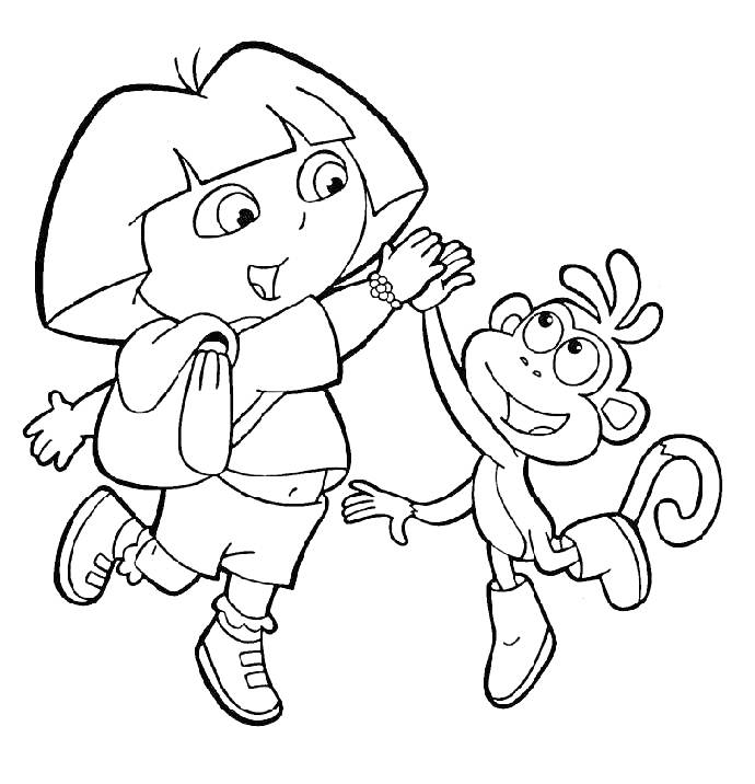 Раскраска Друзья из мультфильма, девочка и обезьянка дают 