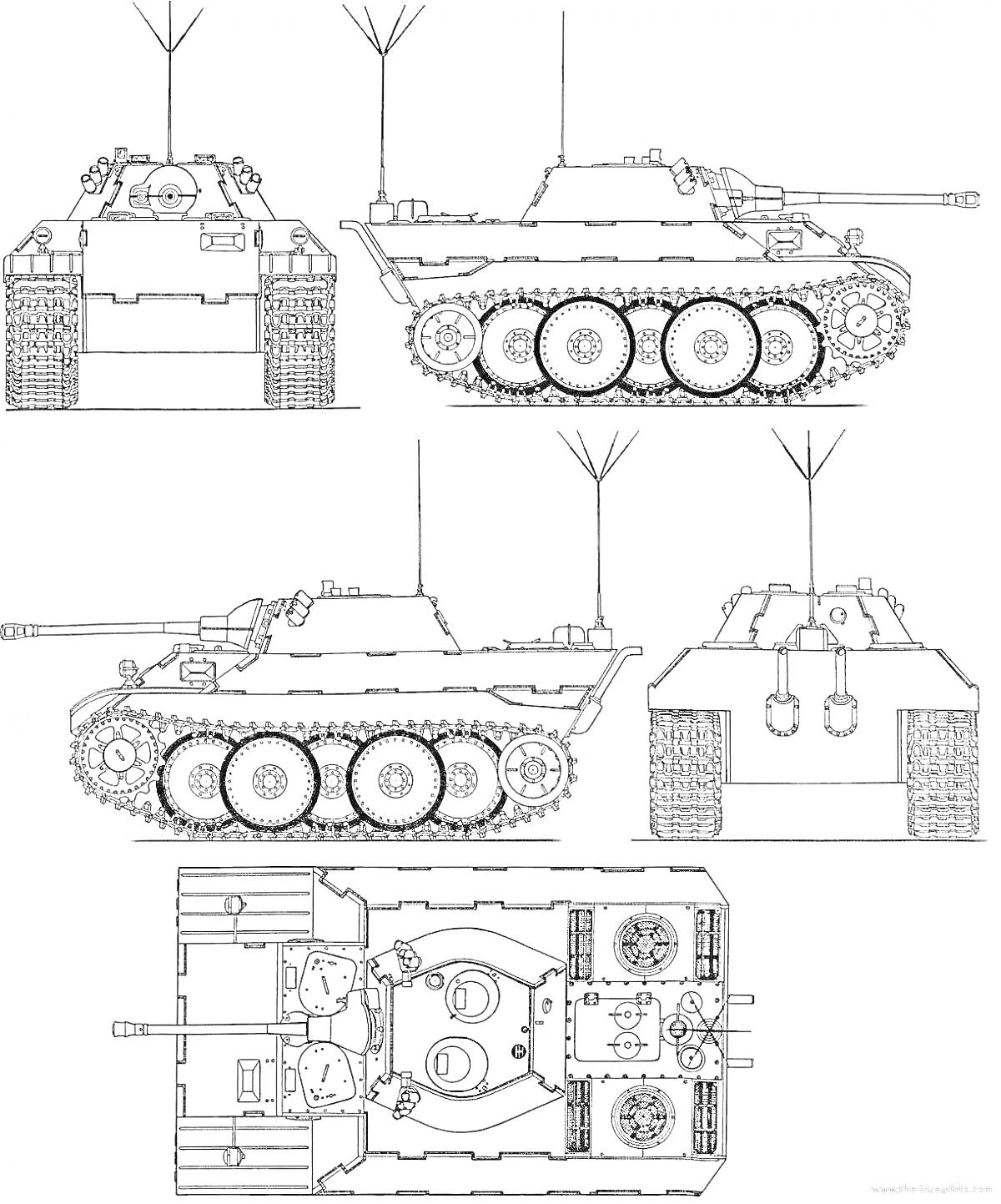Раскраска Пять проекций танка 