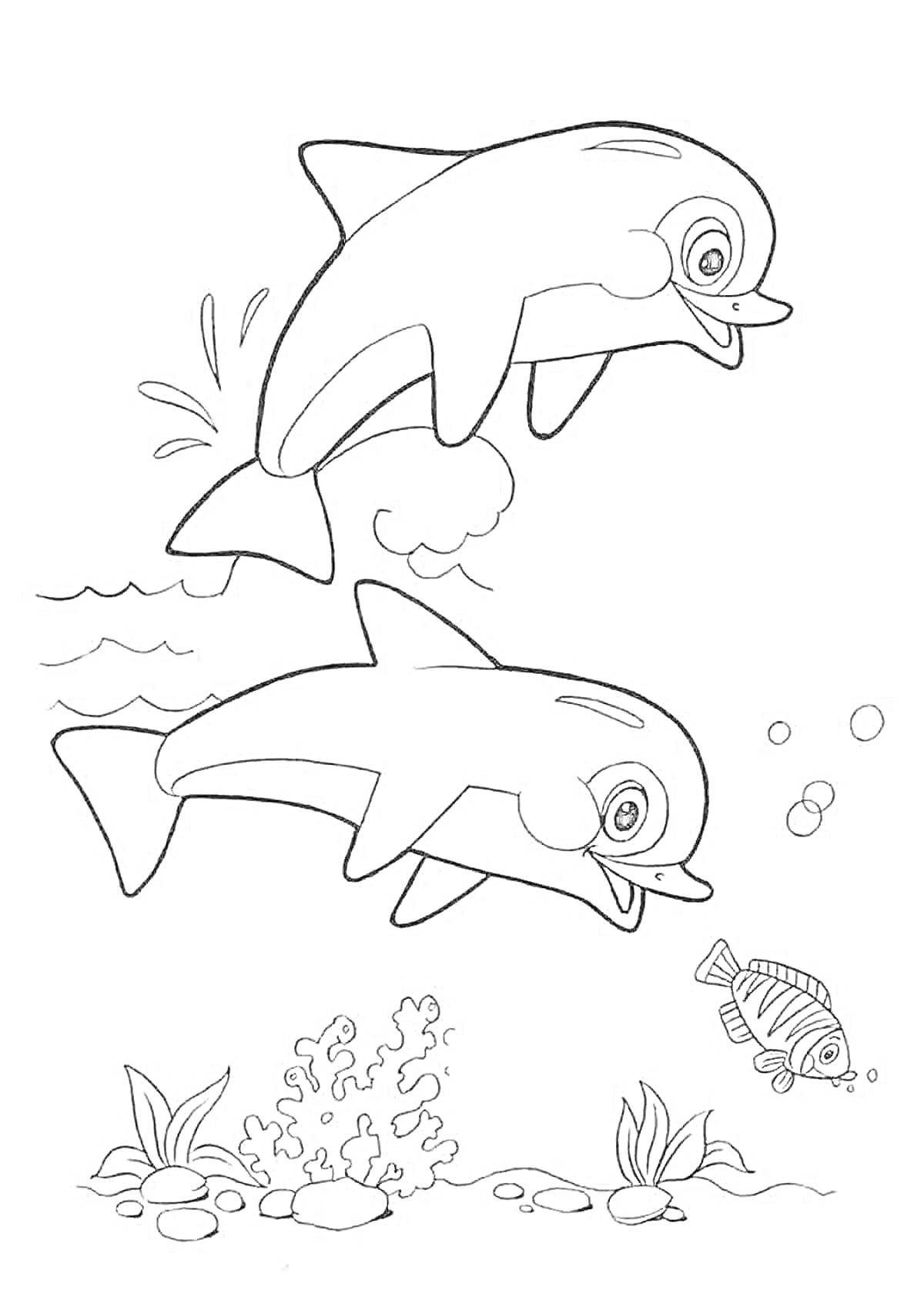 На раскраске изображено: Дельфины, Рыба, Кораллы, Море, Волны, Пузыри, Водные животные, Подводный мир