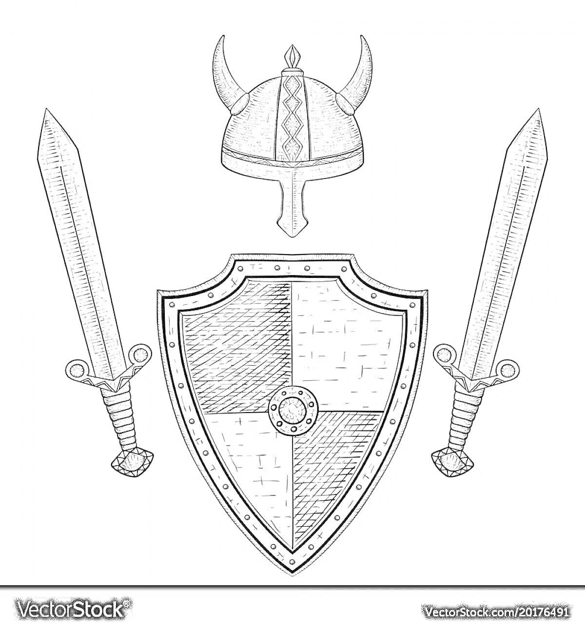 Раскраска Щит с мечами и шлемом викинга