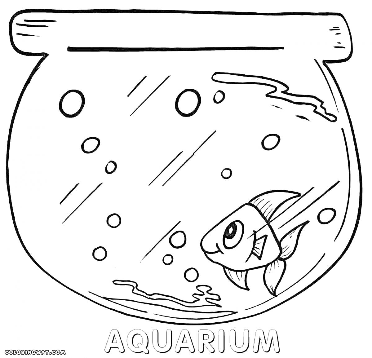 Раскраска Аквариум с одной рыбкой, пузырями и водорослями