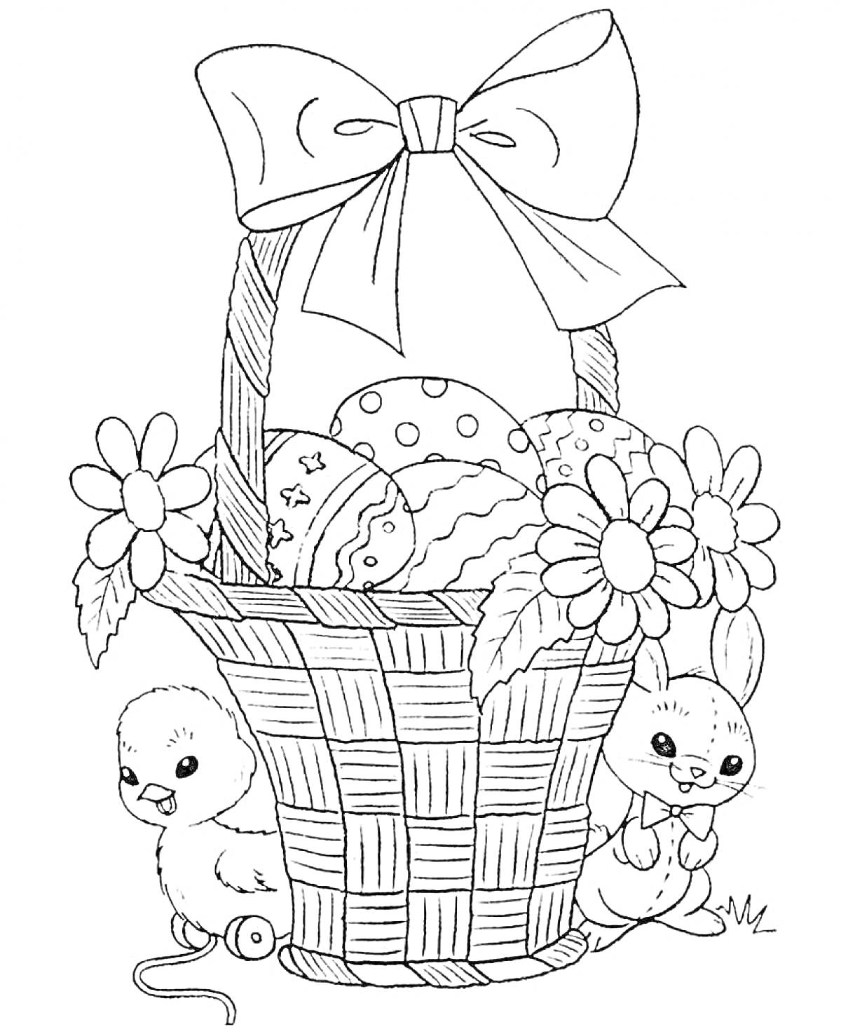 На раскраске изображено: Пасха, Пасхальные яйца, Цветы, Кролик, Корзина, Праздники, Цыплята