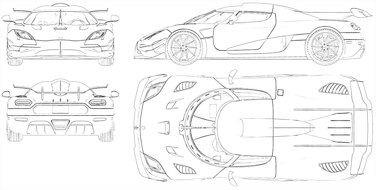 Раскраска Черно-белая раскраска автомобиля Koenigsegg с видами спереди, сзади, сбоку и сверху