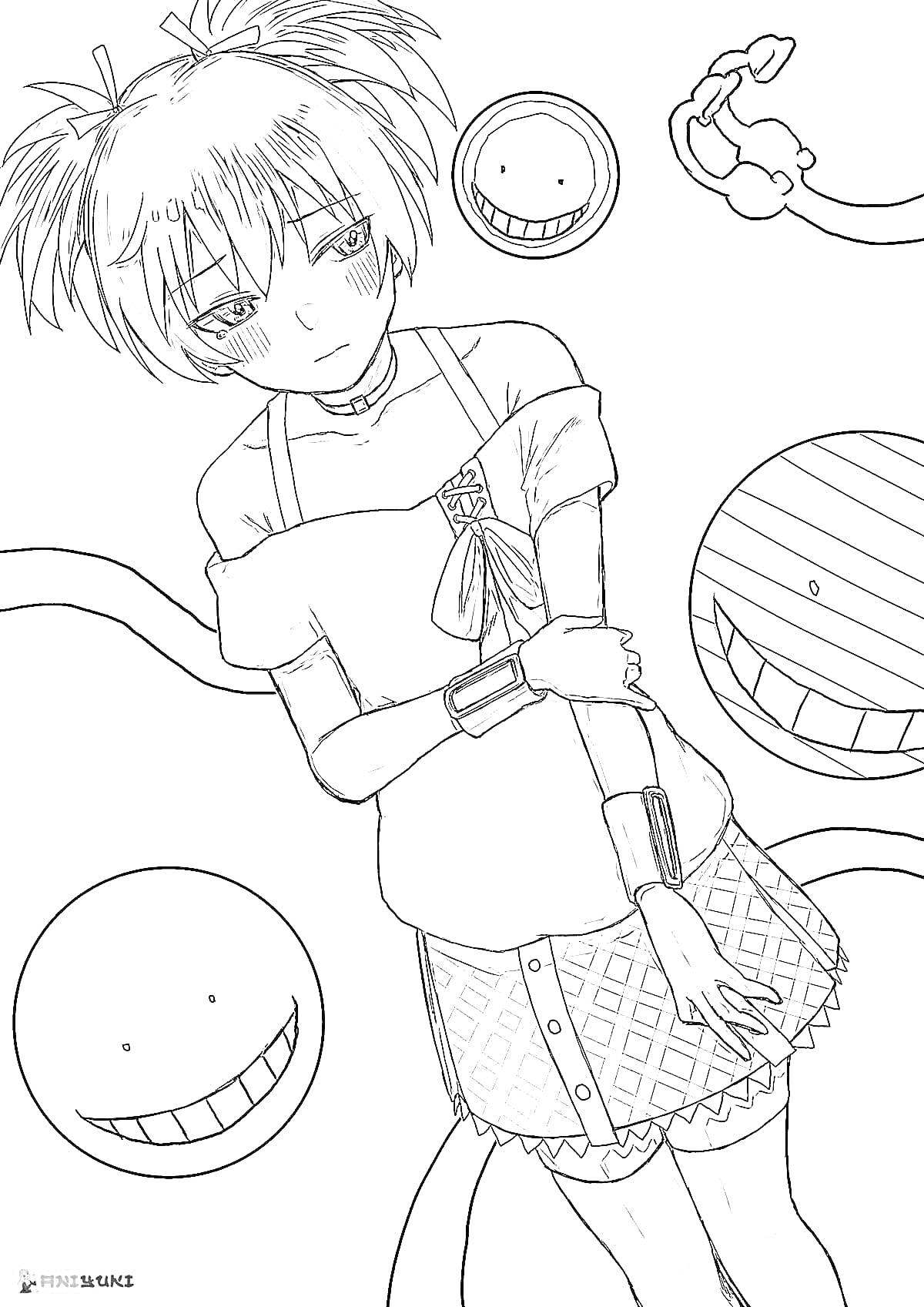 Раскраска персонаж аниме с короткими волосами в школьной одежде, улыбающиеся круги с глазами и ртом, щупальца с присосками
