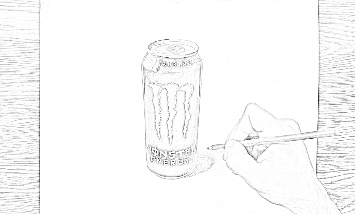 Раскраска баночка энергетика, рисунок на столе, рука с карандашом