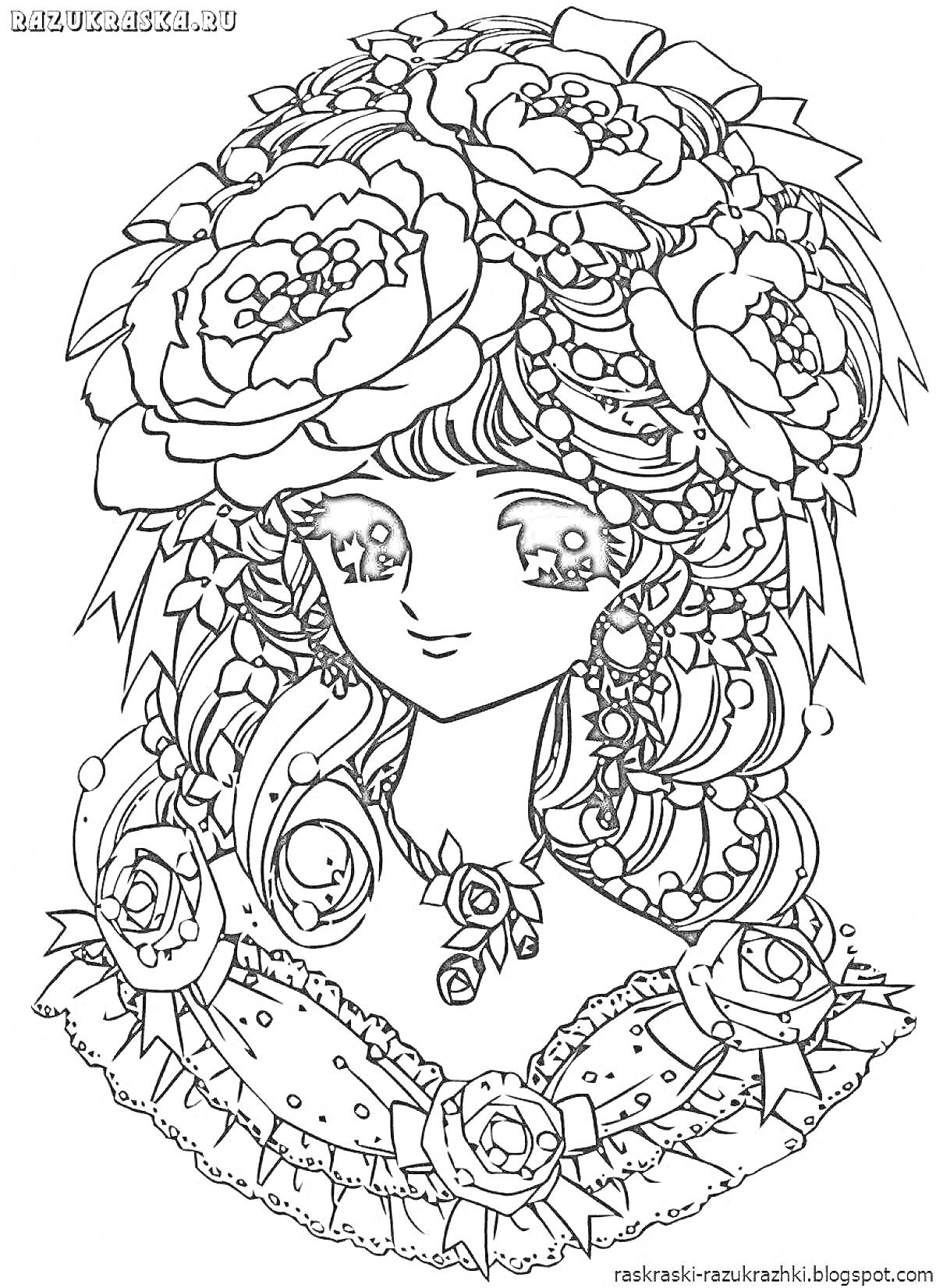 На раскраске изображено: Цветочный венок, Серьги, Ожерелье, Цветы, Для девочек, 9 лет
