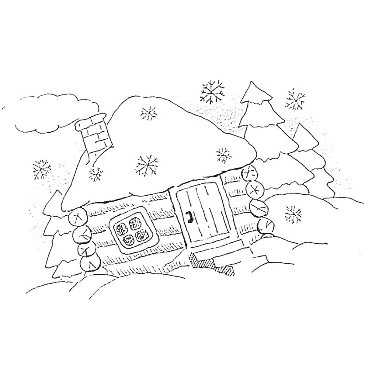 Раскраска снежный домик с трубой, деревья на заднем плане, падающие снежинки, снег на крыше и на земле