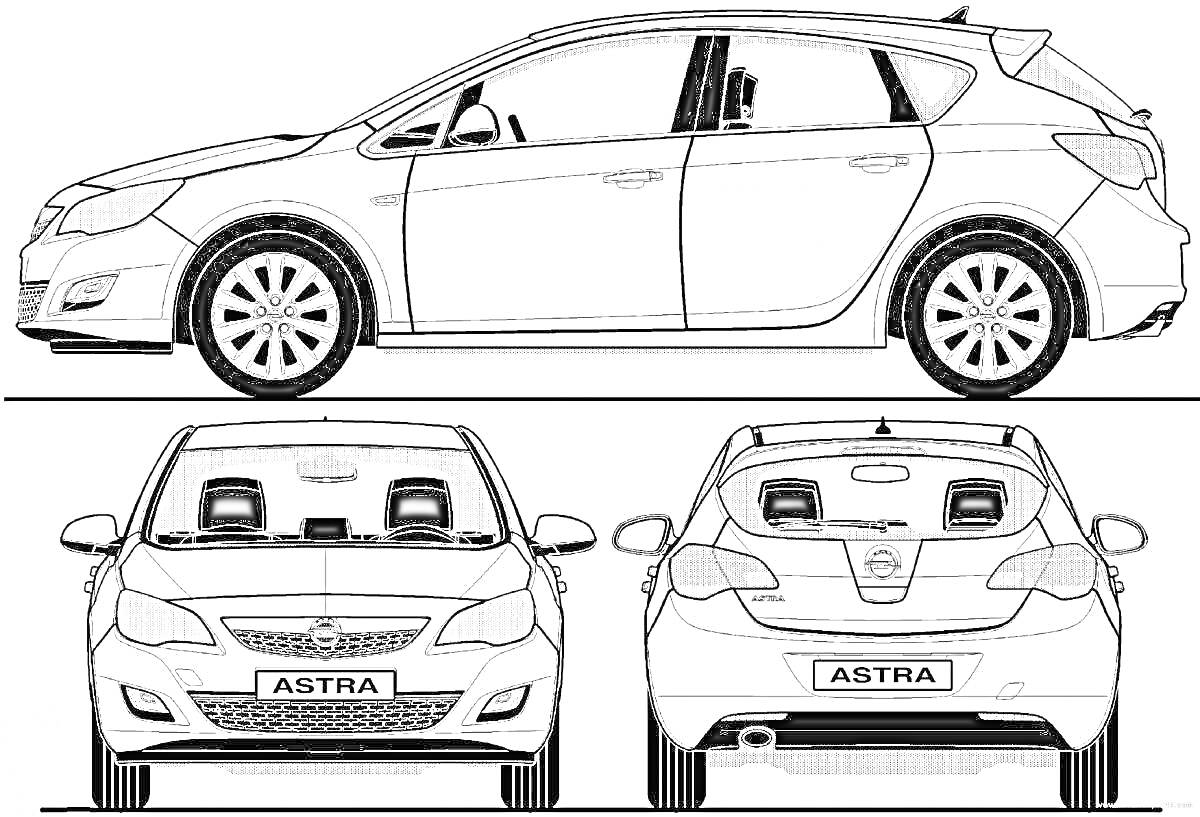 На раскраске изображено: Opel Astra, Колёса, Фары, Зеркало, Багажник, Стекла