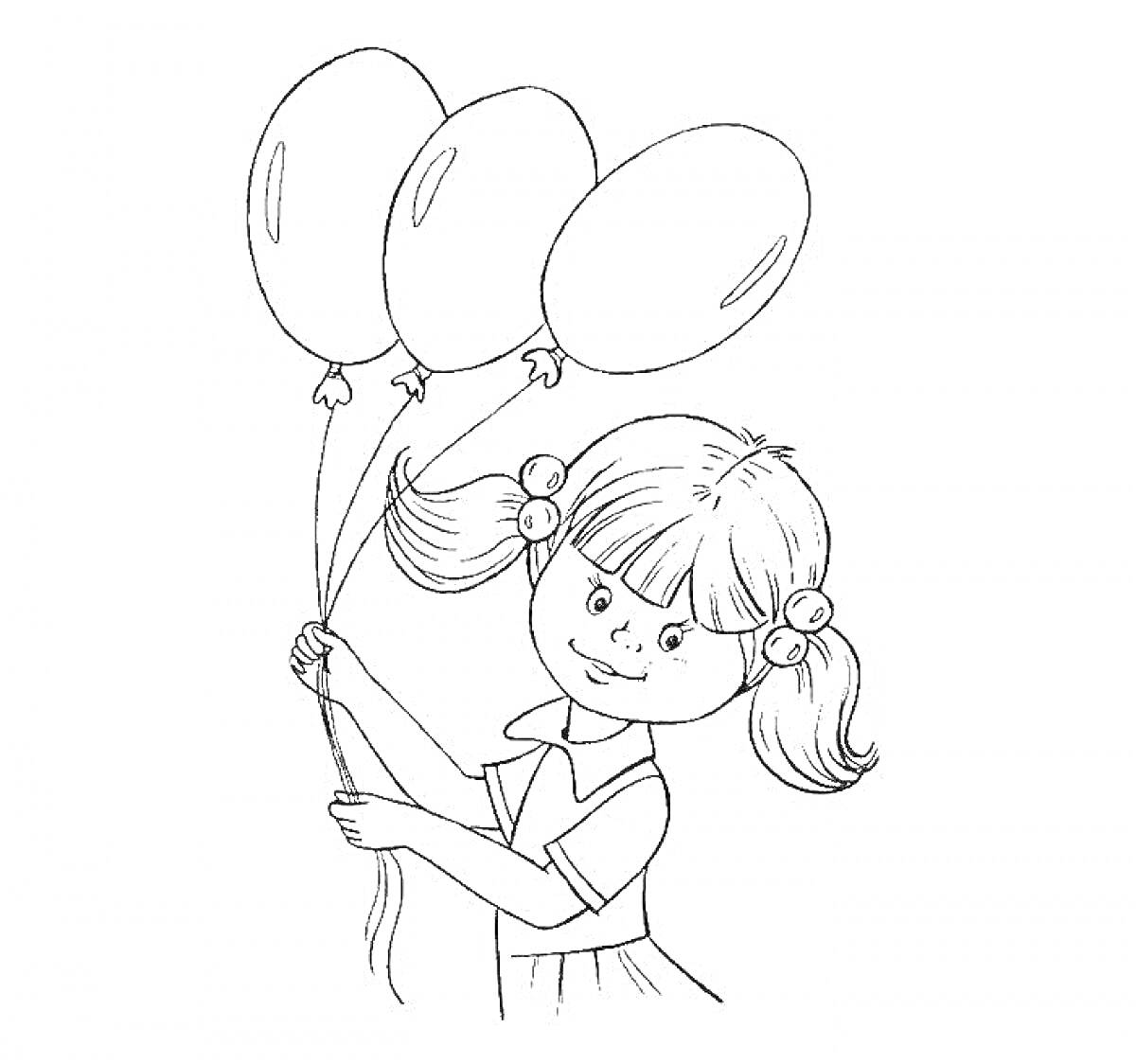 На раскраске изображено: Девочка, Воздушные шары, Три шара, Радость, Детство