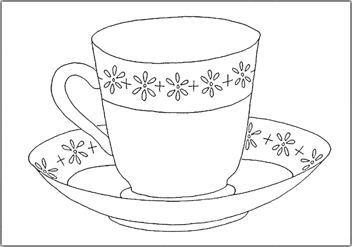 На раскраске изображено: Цветочный узор, Цветы, Чай, Кофе, Для детей, Блюдца, Кружки