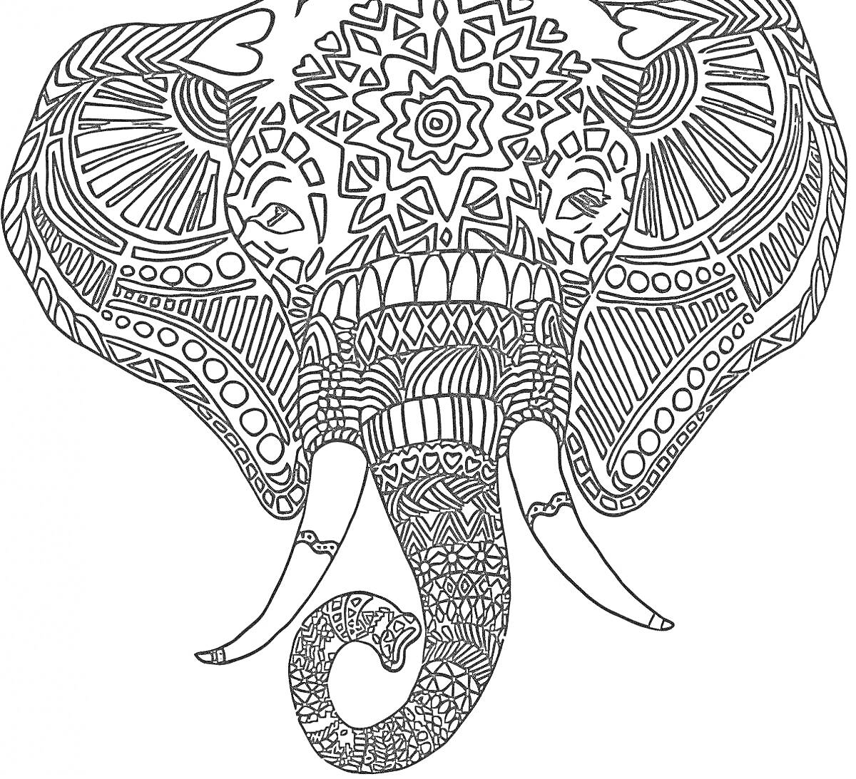 На раскраске изображено: Антистресс, Слон, Узоры, Мандала, Геометрия, Цветочные элементы, Арт-терапия, Творчество, Контурные рисунки