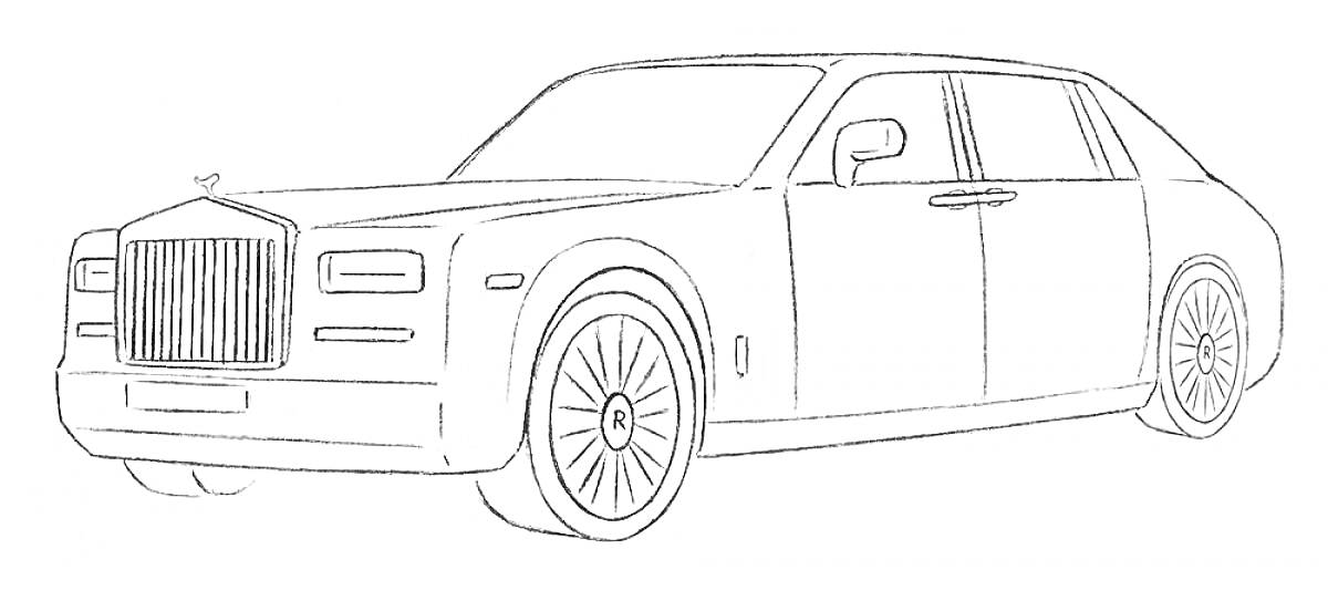 Раскраска Роллс-Ройс Фантом, автомобиль с видимыми передними и задними дверями, передняя решетка, фары, колесные диски