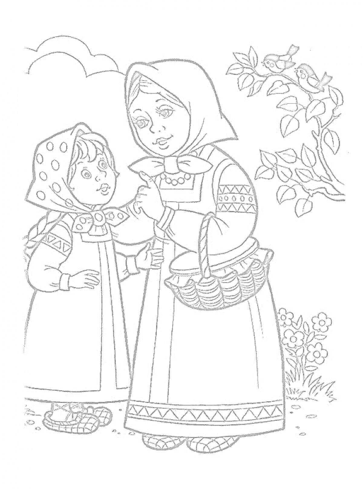 Раскраска Женщина с корзиной и девочка в традиционных одеждах, дерево с птицами, куст с цветами