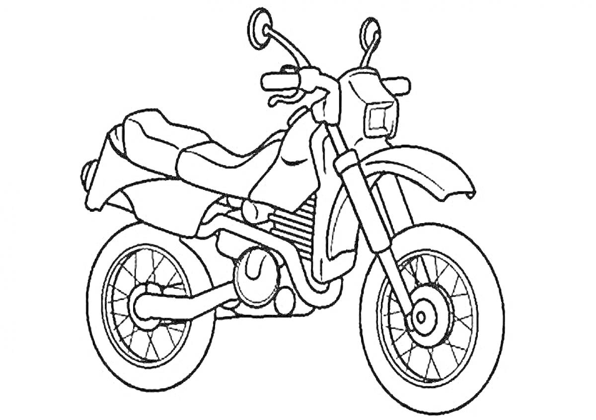 На раскраске изображено: Мотоцикл, Транспорт, Зеркала заднего вида, Для мальчиков, 6 лет, Фары
