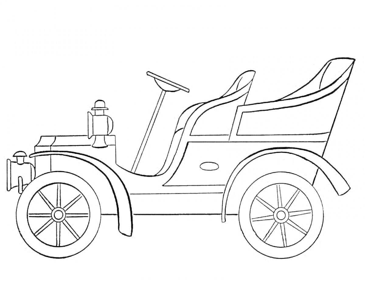 Раскраска Первый автомобиль с открытым кузовом, двумя сиденьями и большими колесами
