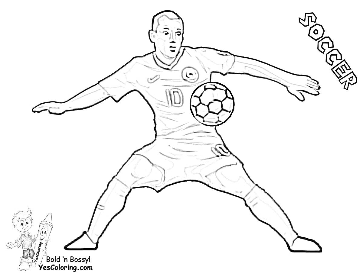 На раскраске изображено: Футболист, Номер 10, Форма, Надпись, Спорт, Футбол, Мячи