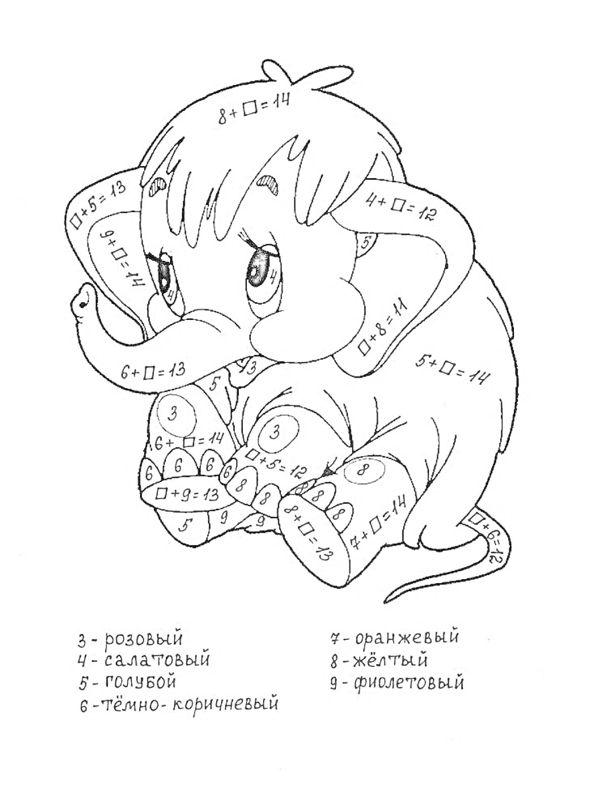 На раскраске изображено: Сложение, Математика, Обучение, Мамонтенок, Цифры, Образование, Развивающие задания