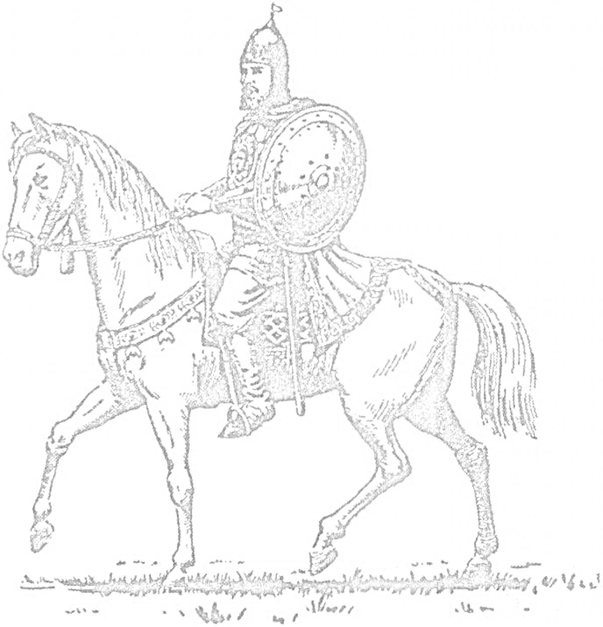 Воин в доспехах на лошади с копьем и щитом.