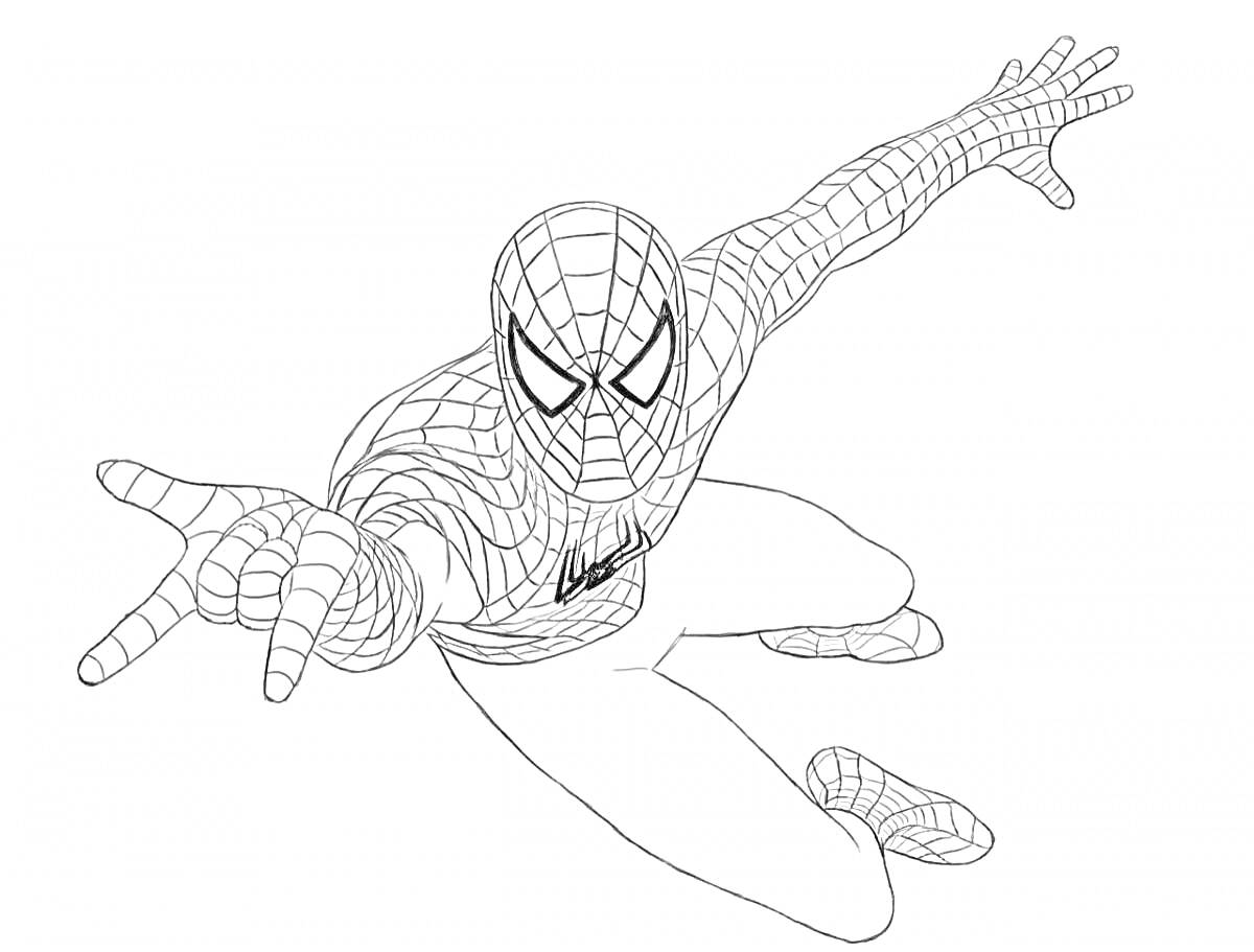 Раскраска Человек-паук в динамичной позе, выпускающий паутину одной рукой, другая рука вытянута вперед