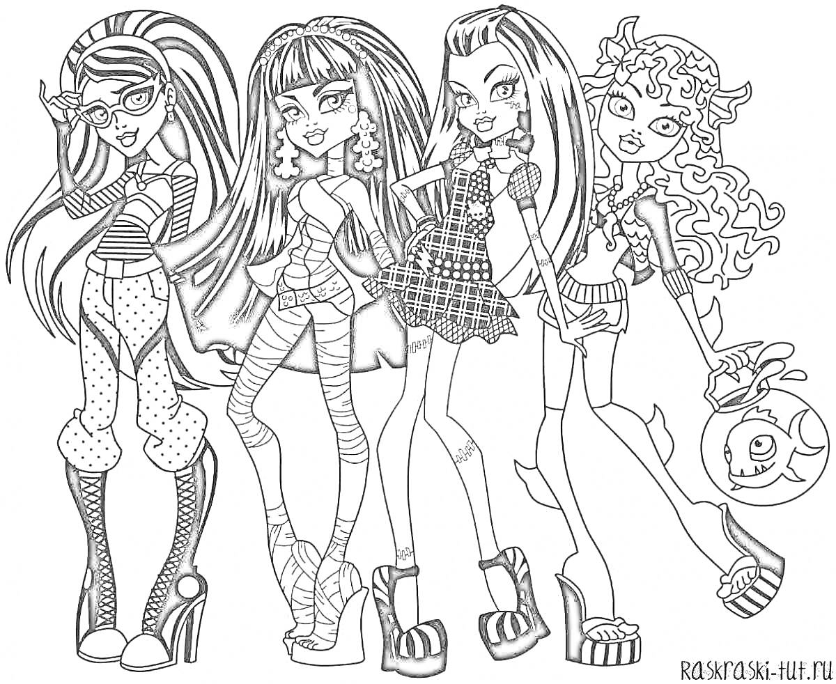 На раскраске изображено: Стиль, Мода, Монстр, Высокие каблуки, Прически, Чулки, Губы, Аксессуар, Девочка