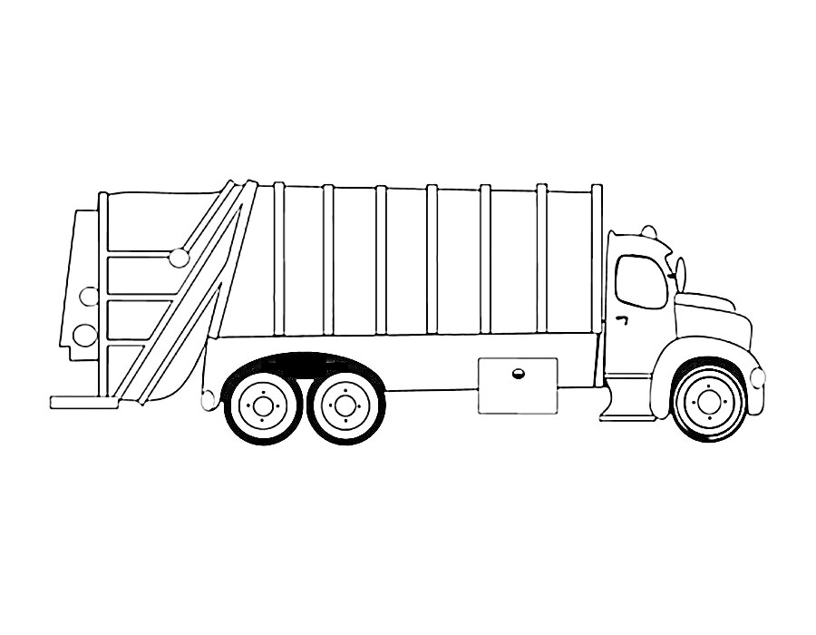 Мусоровоз сбоку с кабиной, двумя колёсными парами и контейнером для мусора