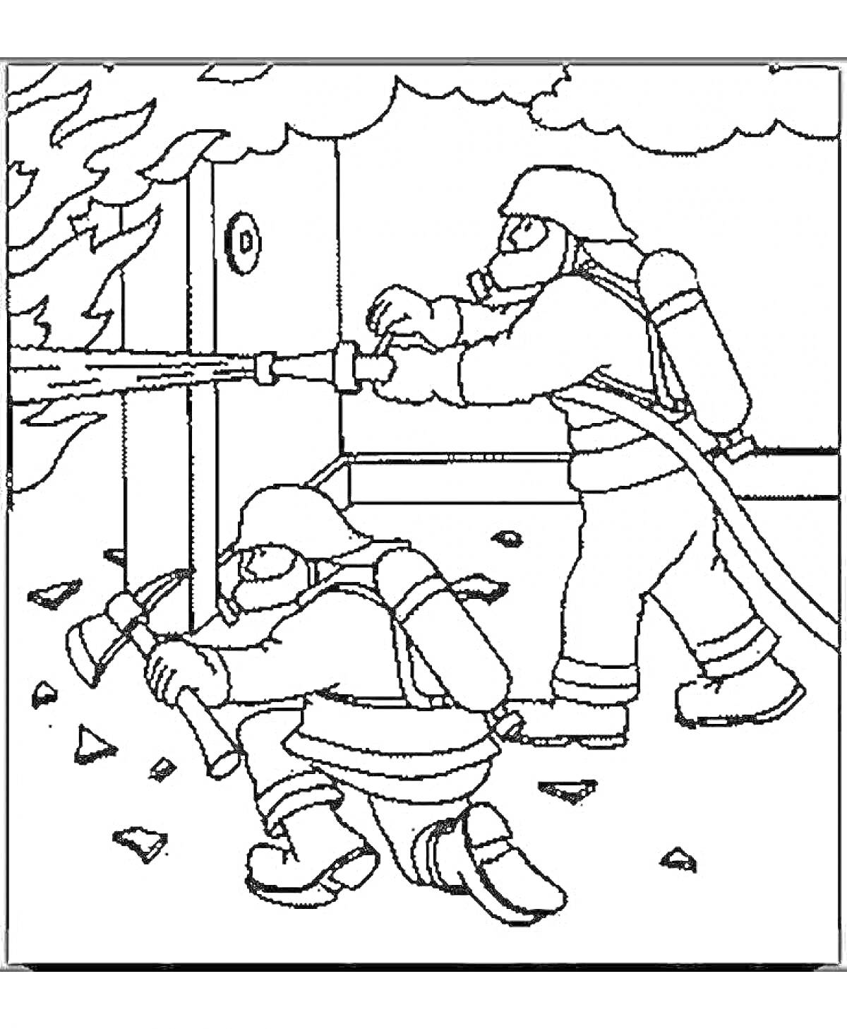 Раскраска Пожарные сражаются с огнём: один пожарный тушит огонь из шланга, другой пожарный с топором разбивает стекло