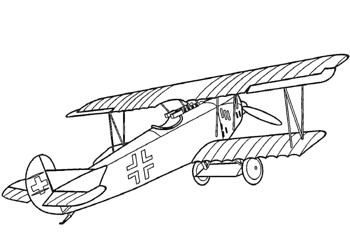 Раскраска Биплан с крестом на фюзеляже, двумя винтами и шасси