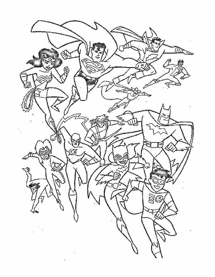 Раскраска Группа супергероев в полете, включая женщин и мужчин в различных костюмах